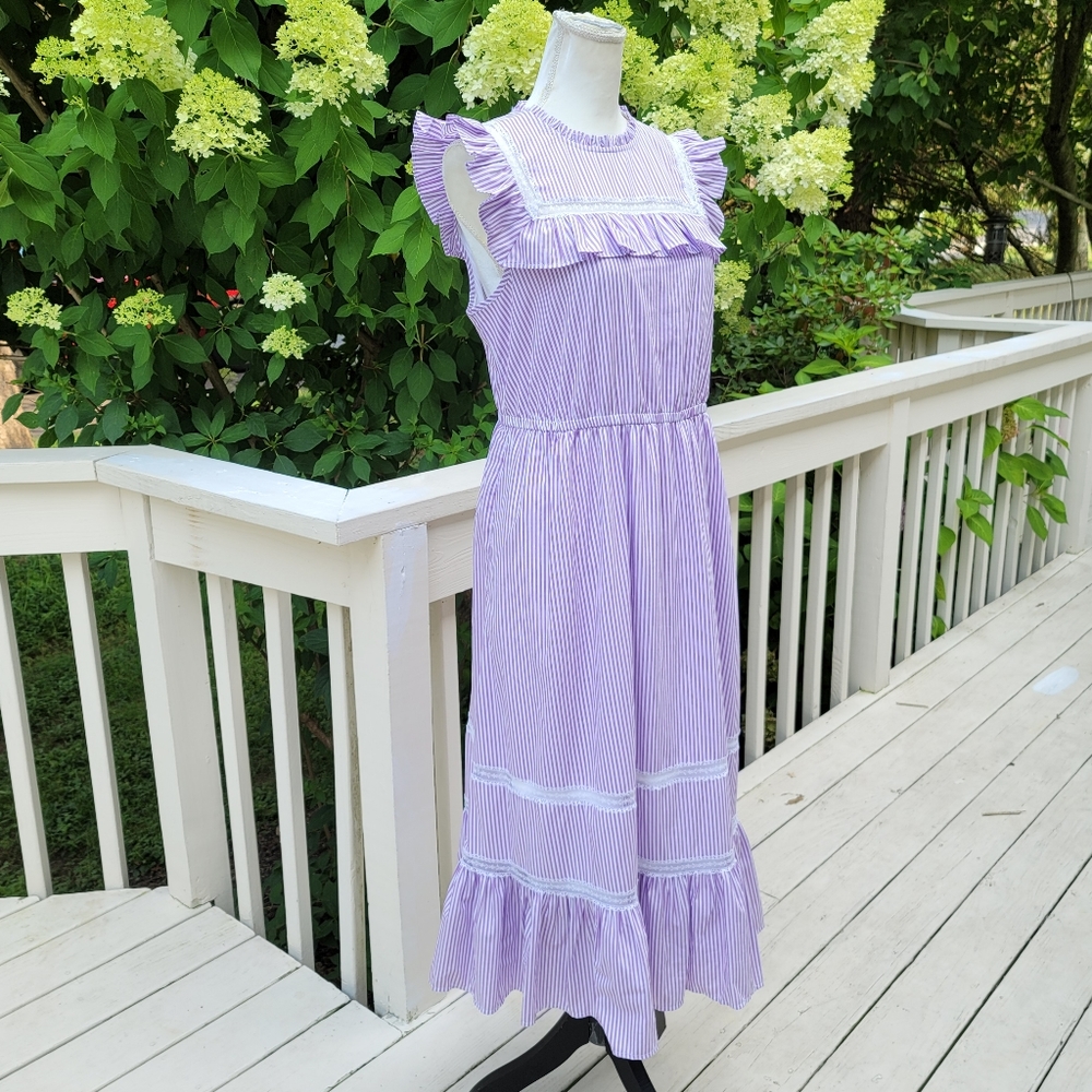 J Crew Tiered Ruffle Dress Stripe Rustic Purple - Picture 6 of 10
